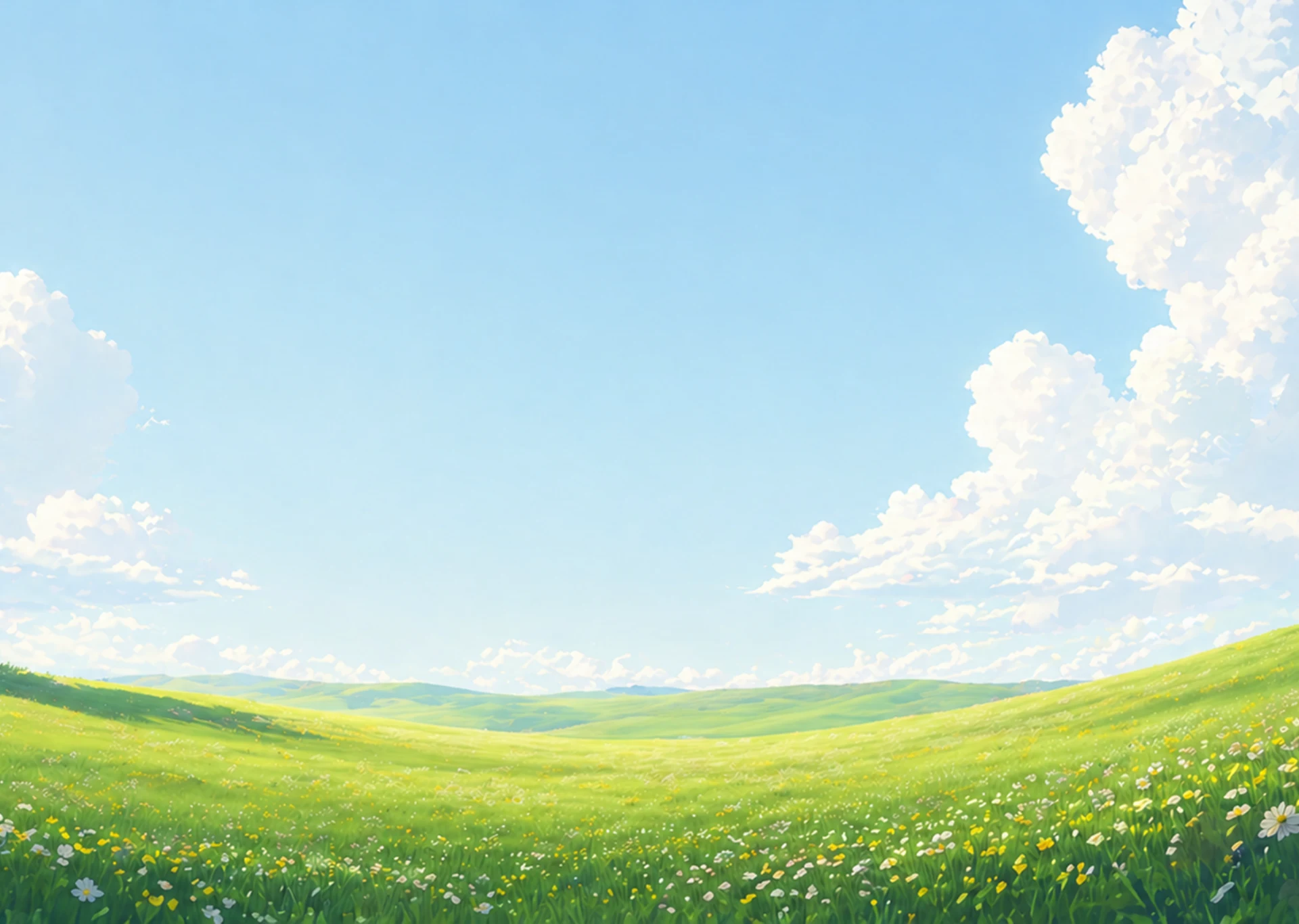 A bright green field beneath a wide blue sky