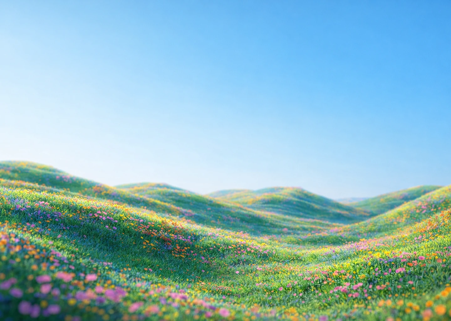 Soft green hills covered with wildflowers beneath an open blue sky