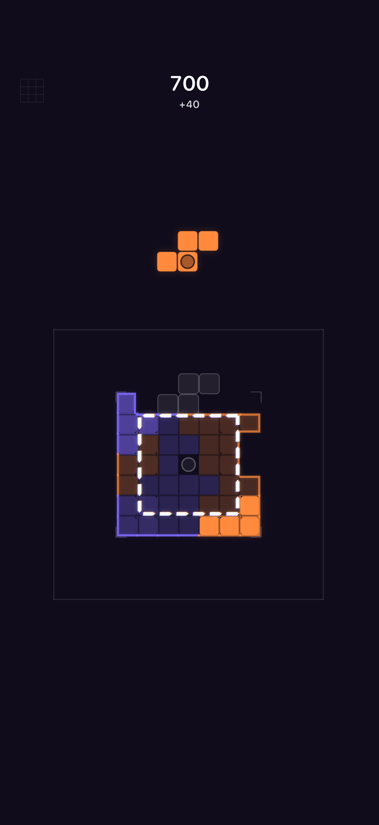 Native Flow Atlas render: an orange active piece above a purple-and-orange construction, a target outline, and score 700.