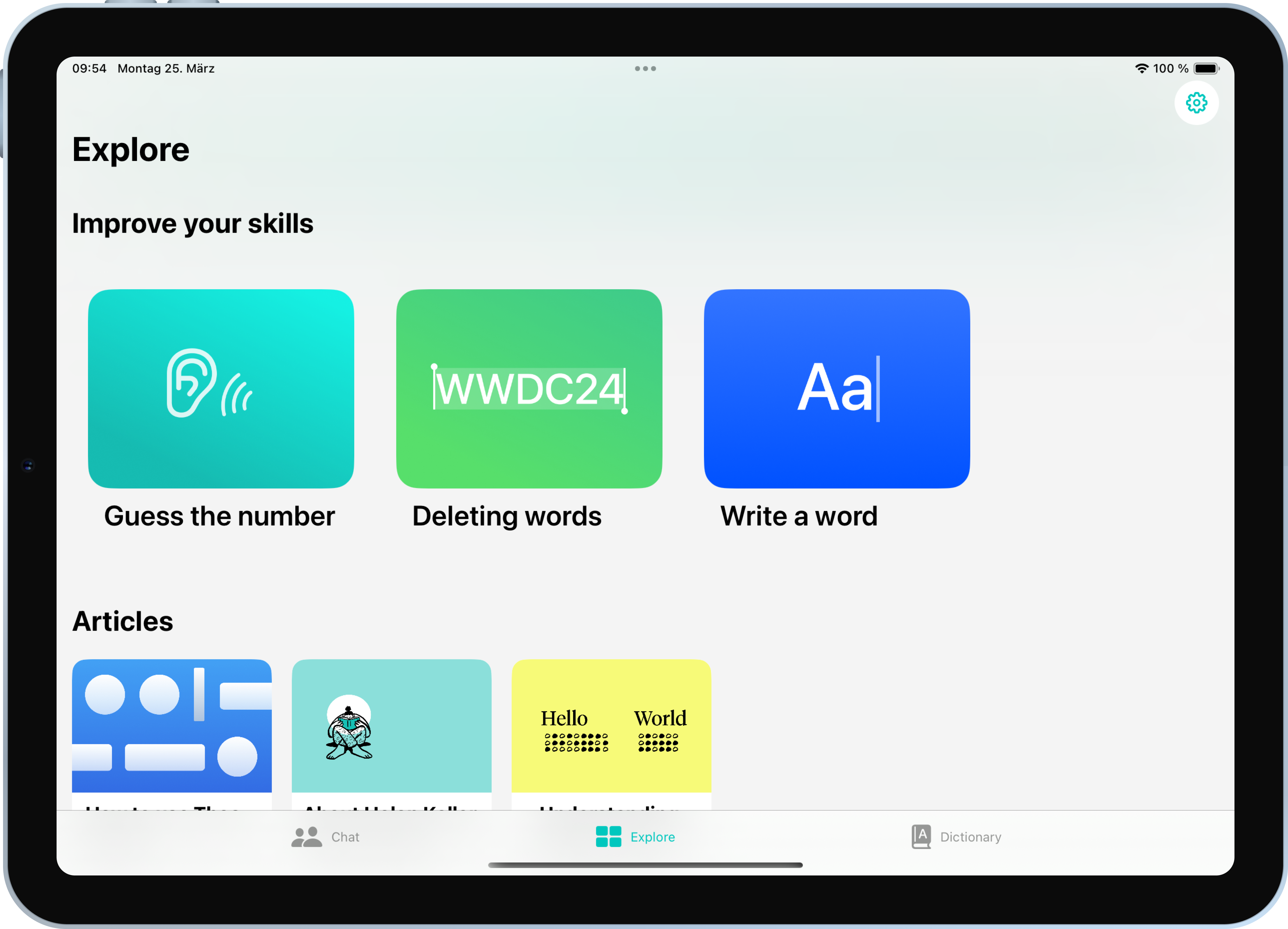 Theo Explore view with practices, articles, and gesture learning tools