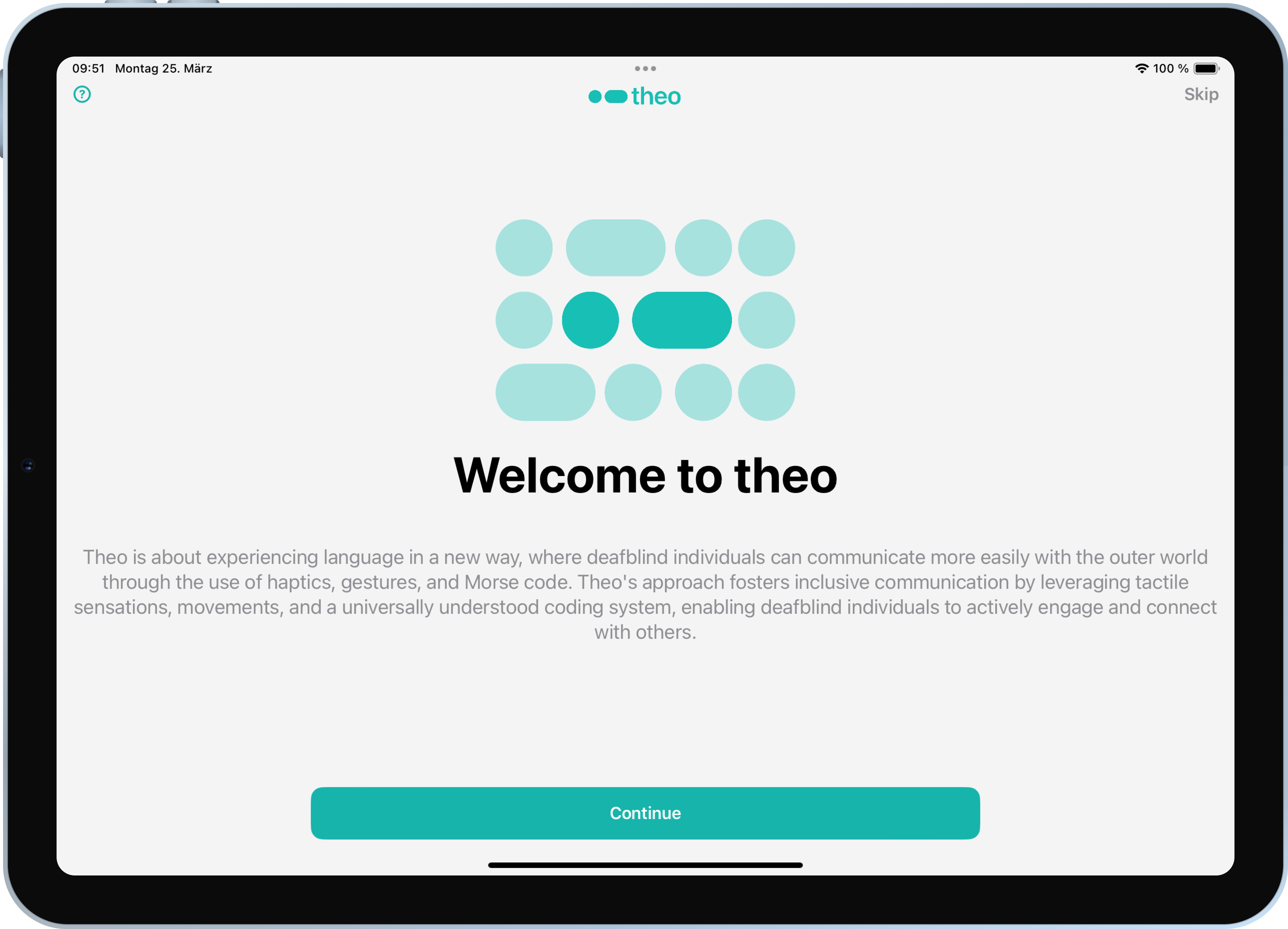 Theo onboarding screen introducing communication through haptics, gestures, and Morse code