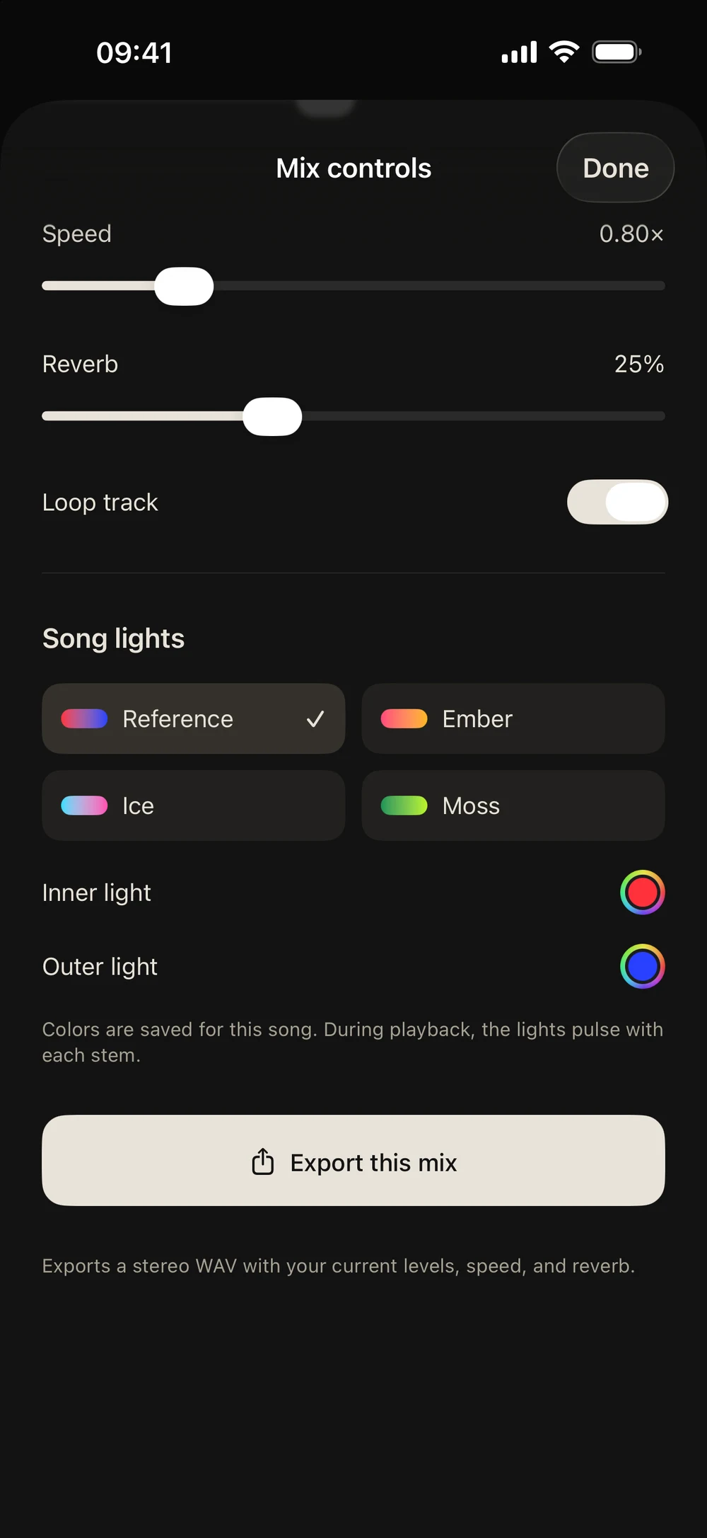 Tondo controls for playback speed, reverb, looping and mix export