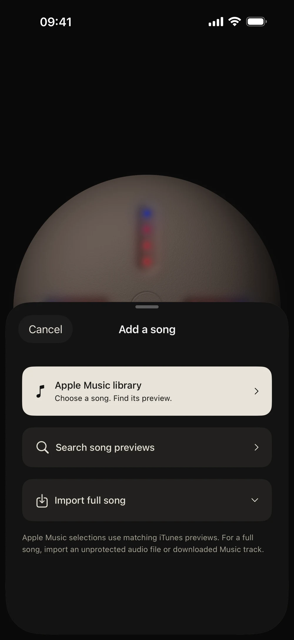 Tondo’s music import options for audio files, the music library and song previews