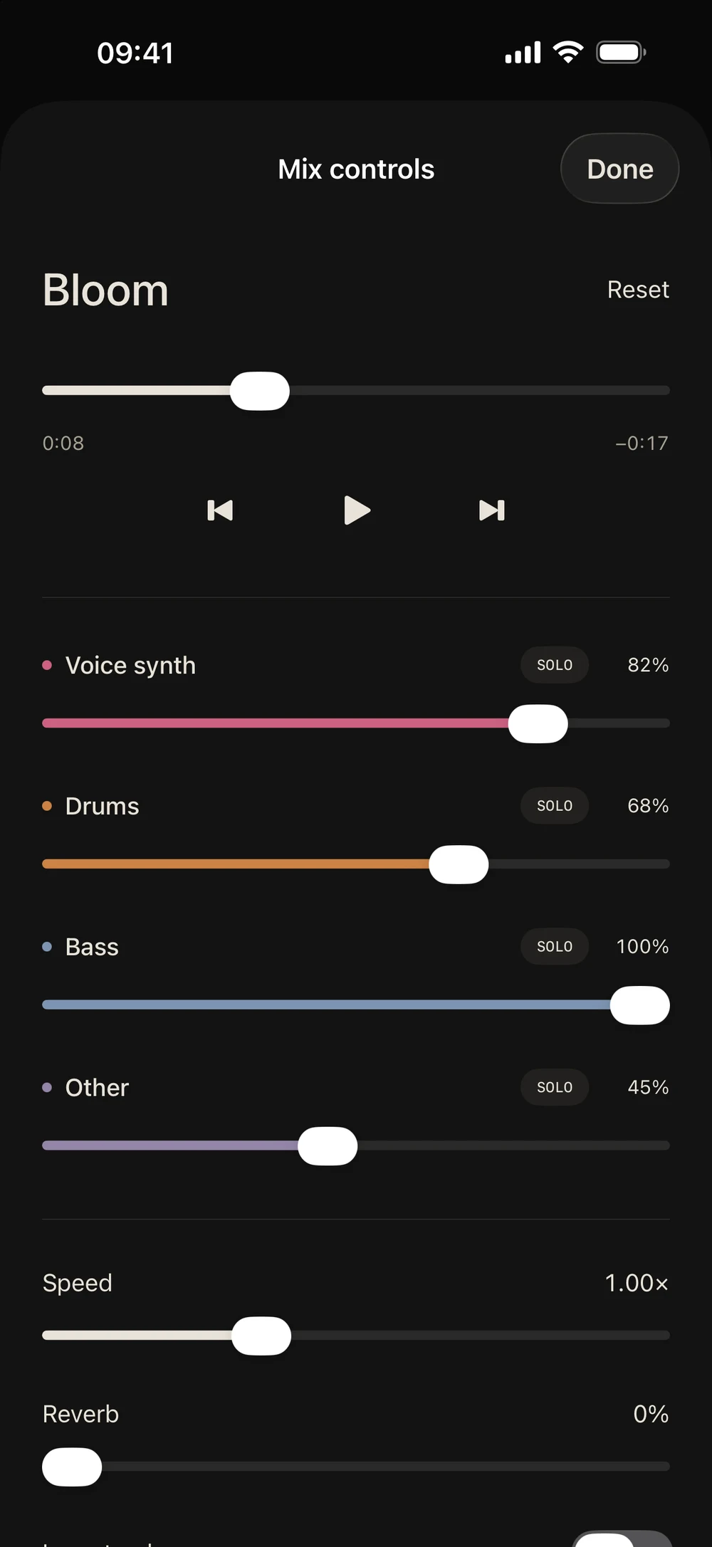 Tondo Mix controls with individual stem volume sliders and solo buttons